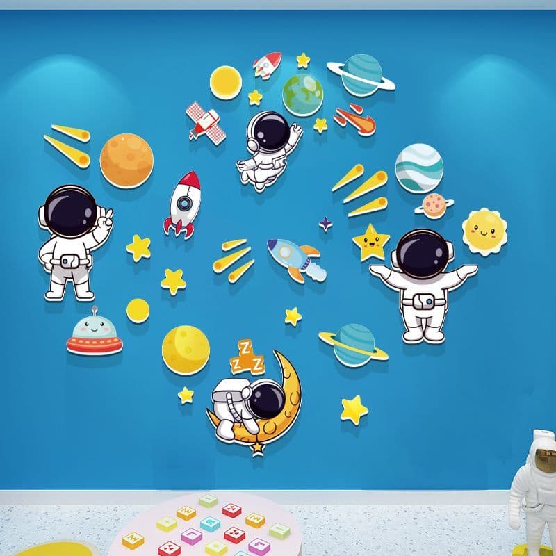 Astronauta Spaceman tema quarto infantil cultura fundo 3d tridimensional adesivo de parede anel decorativo criação decor