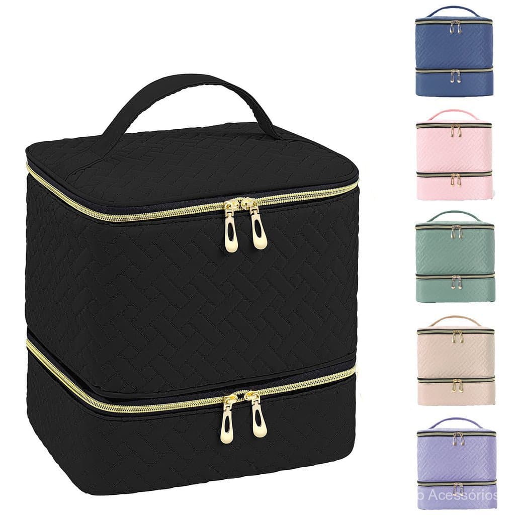 Nova bolsa de maquiagem de grande capacidade com dupla camada e acolchoamento em diamante, bolsa de armazenamento de cos