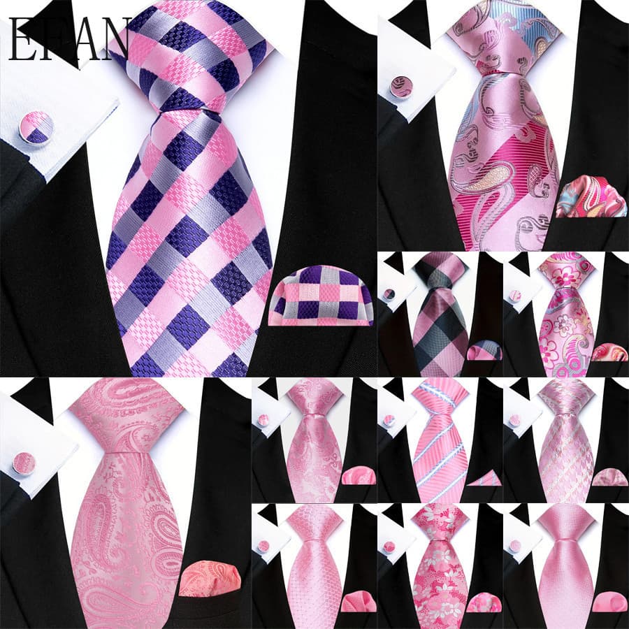 3 Pçs Cor Rosa Gravatas Masculinas Bolso Quadrado Abotoaduras Conjunto Jacquard Floral Xadrez Listrado Sólido 8CM Gravat