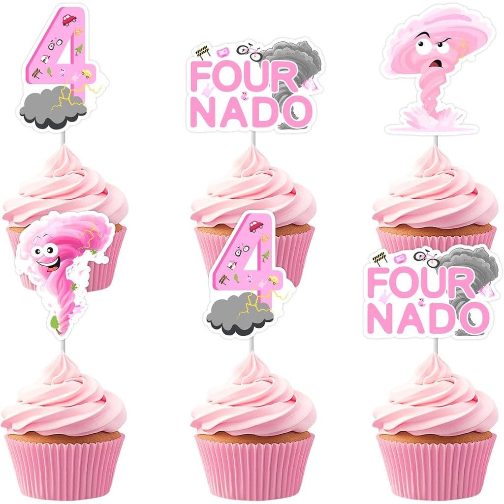 Cheereveal 36 Peças de Decorações para Bolo de Aniversário Fournado, Topos de Cupcake Tema Tornado, Tema Tempestade Rosa