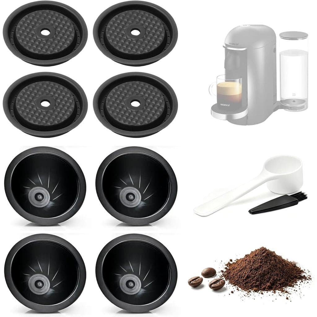 Conjunto Aprimorado, 4 Cápsulas Reutilizáveis + 4 Tampas de Silicone, 4 Copos de 230ml, Compatível com Máquinas Nespress