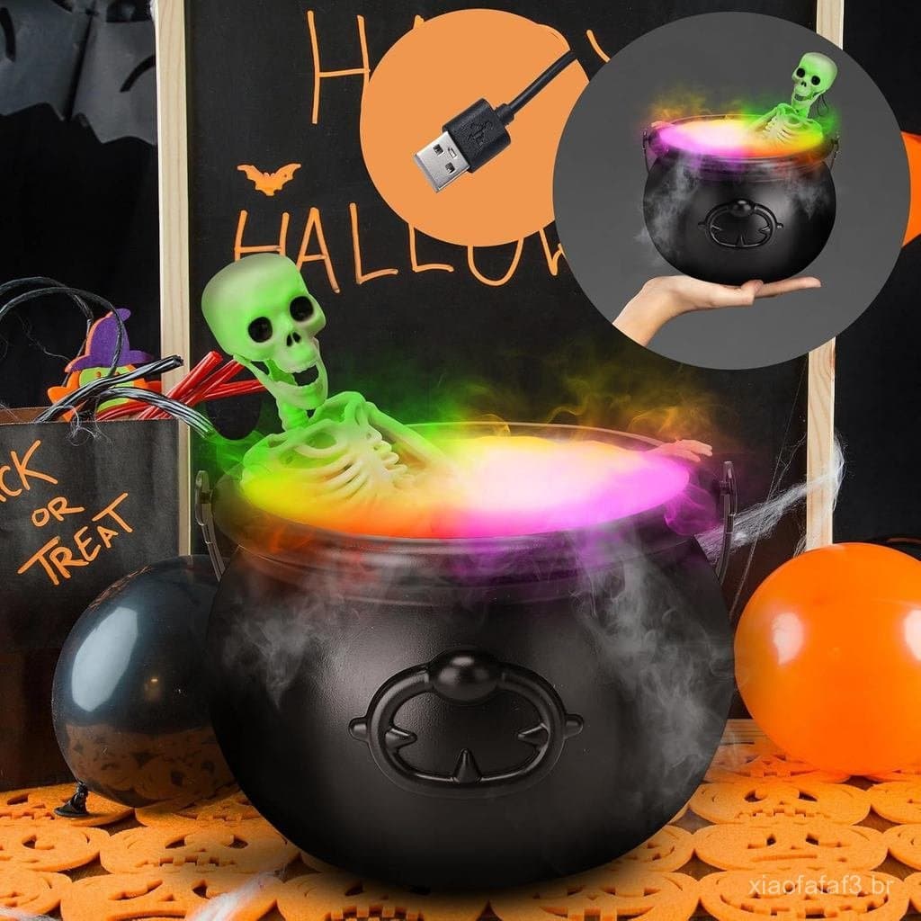Decorações de Halloween para Interiores - Caldeirão de Bruxa com Gerador de Névoa LED e Esqueleto Articulado - Decoração