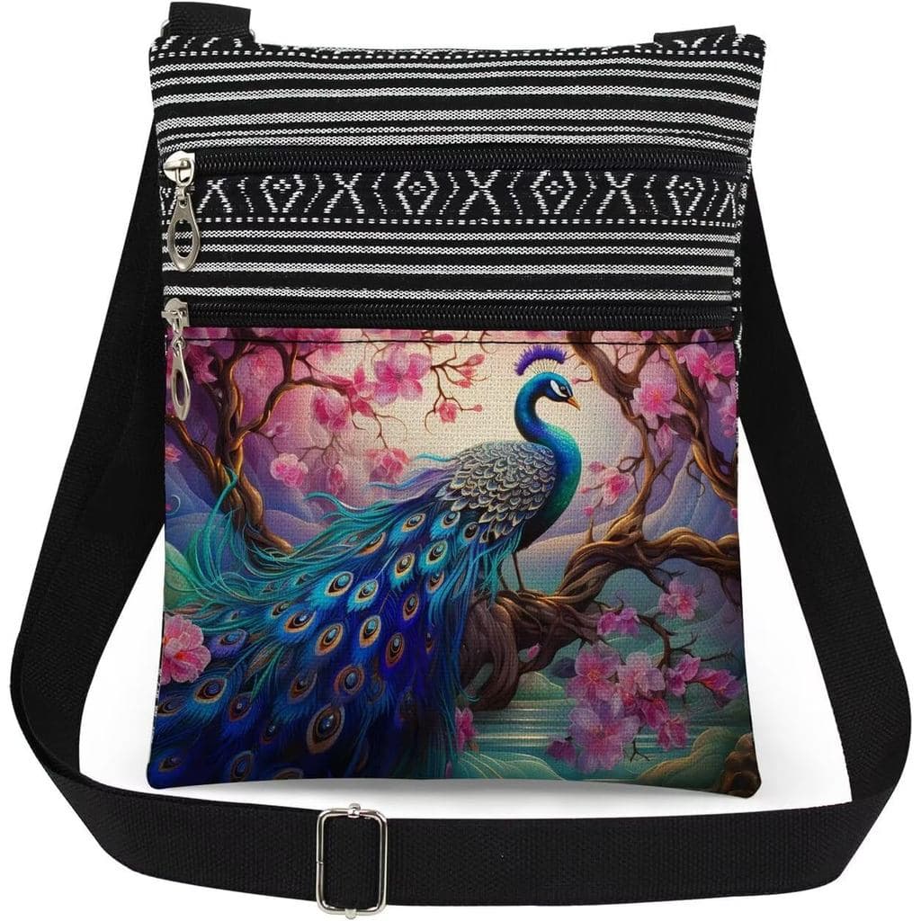 Bolsa Transversal Peacock com Estampa Ocelli em Tons de Joia, Bolsa Mensageiro para Uso Diário, Alça de Ombro Ajustável,
