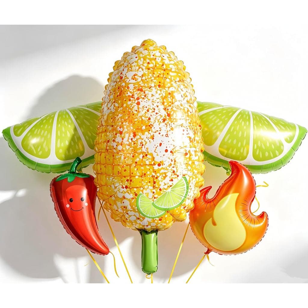 Conjunto de 5 Balões Mexicanos Elote com Decoração de Milho, Limão, Pimenta, Chama/Cinco de Mayo, para Festa de Verão no