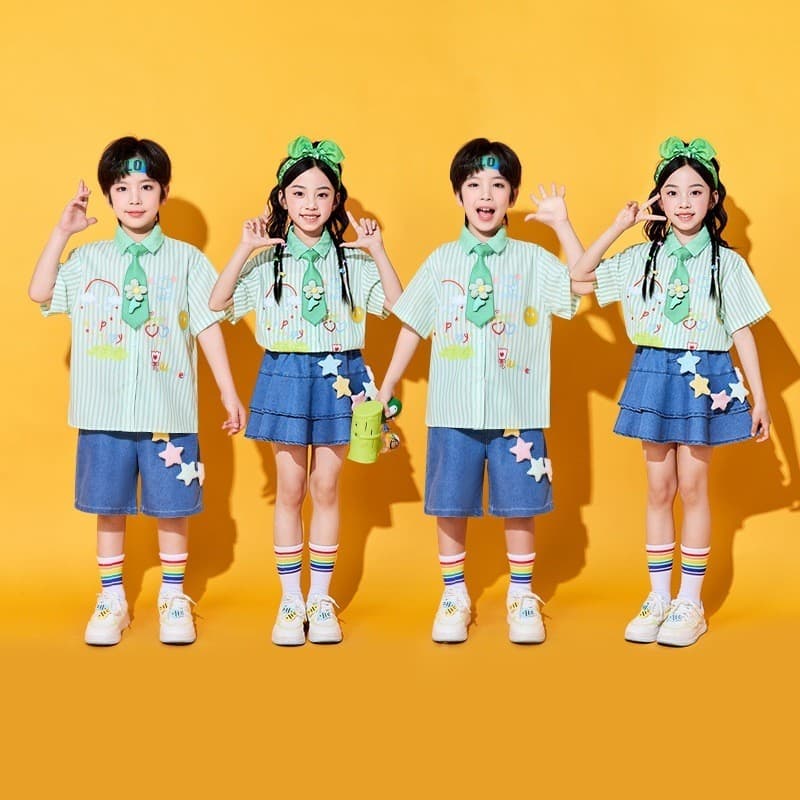 Dia das crianças trajes das crianças estudantes da escola primária jogos Cheerleading camisas listradas verdes roupas de
