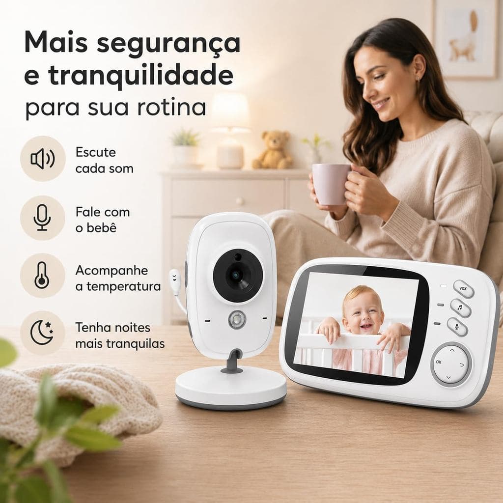 Babá Eletrônica Wi-Fi com Monitor | Câmera Visão Noturna e Sensor de Temperatura | Áudio Bidirecional