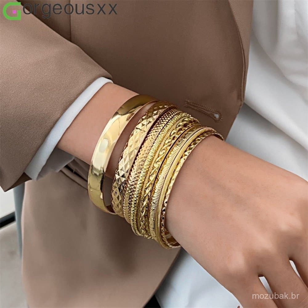 10pcs/Set Ethnic Style Retro Wide Glossy Bangle Para Mulheres Pulseiras Geométricas Vintage Twisted Hollow Conjunto De J