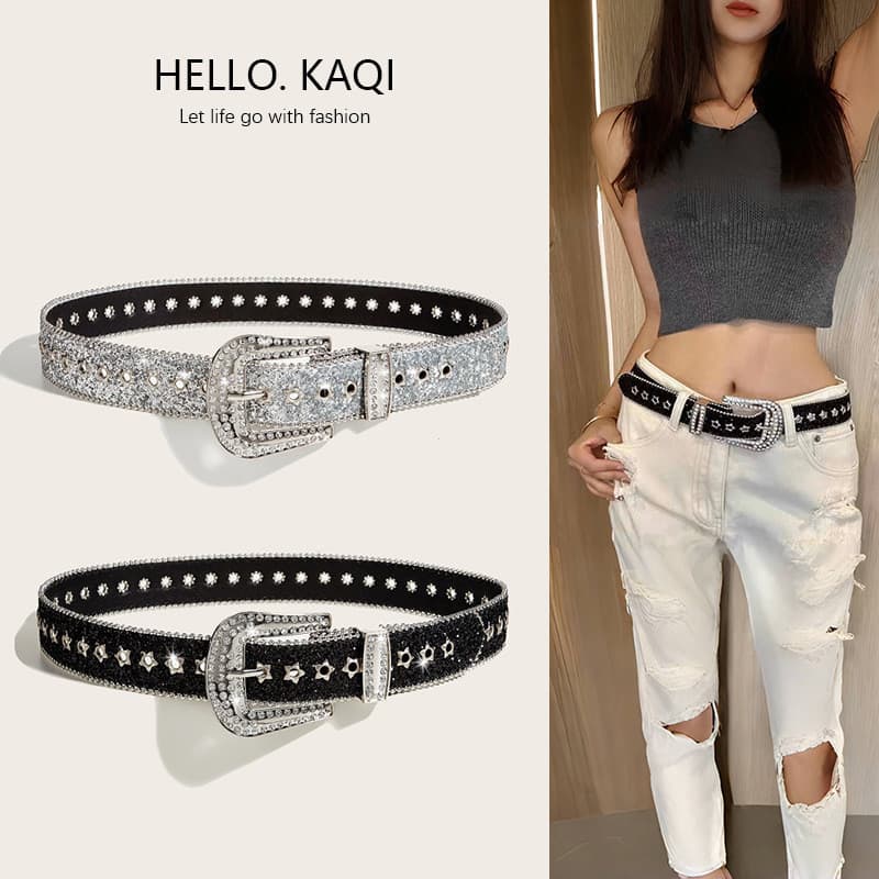 [Estoque pronto] strass lantejoulas sentir cinto largo feminino 2023 novo estilo verão All-Match cinto prata ins estilo