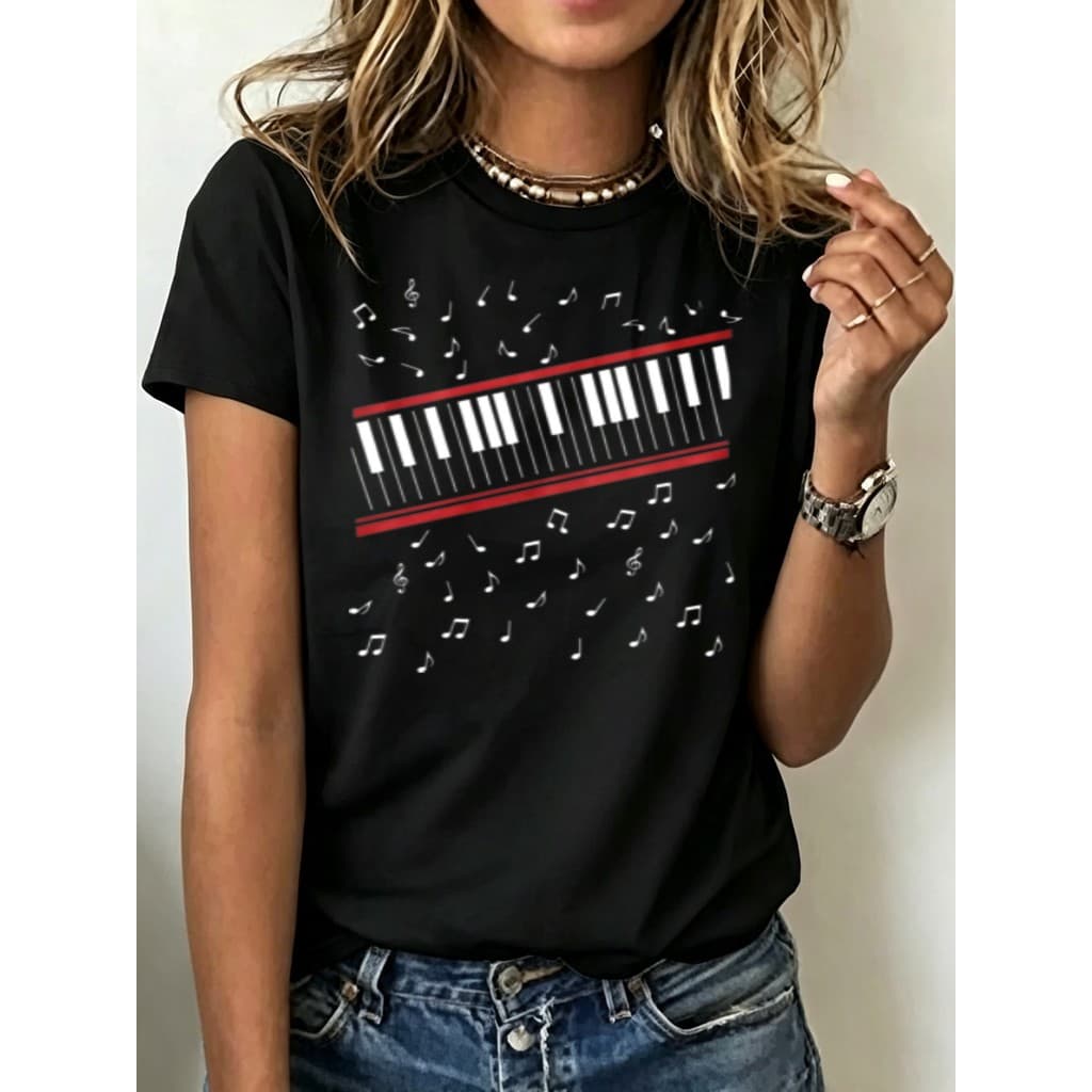 Camiseta feminina de manga curta com estampa de notas musicais no teclado de piano, com tema musical