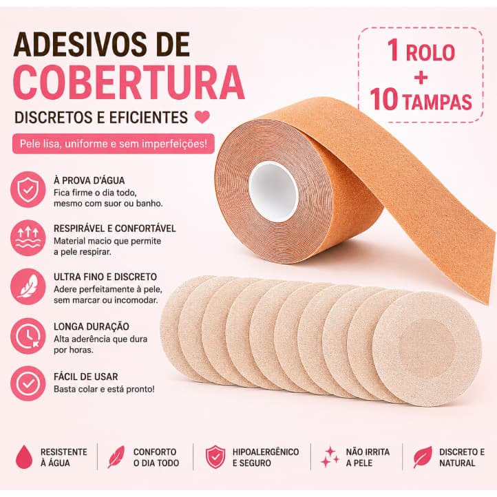 Boob Tape Fita Adesiva para Seios + Protetor de Mamilo Tapa Seios Kit 10 Pares ou Rolodo
