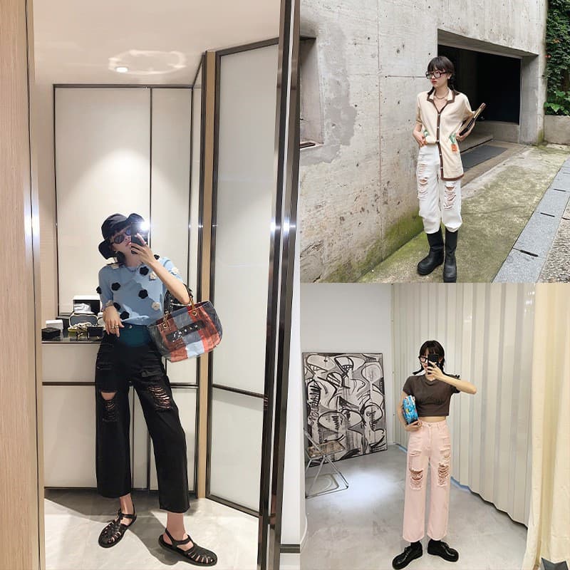 MONA rasgado Jeans feminino verão estilo fino em linha reta solto All-Match cintura alta mais magro olhar angustiado tor