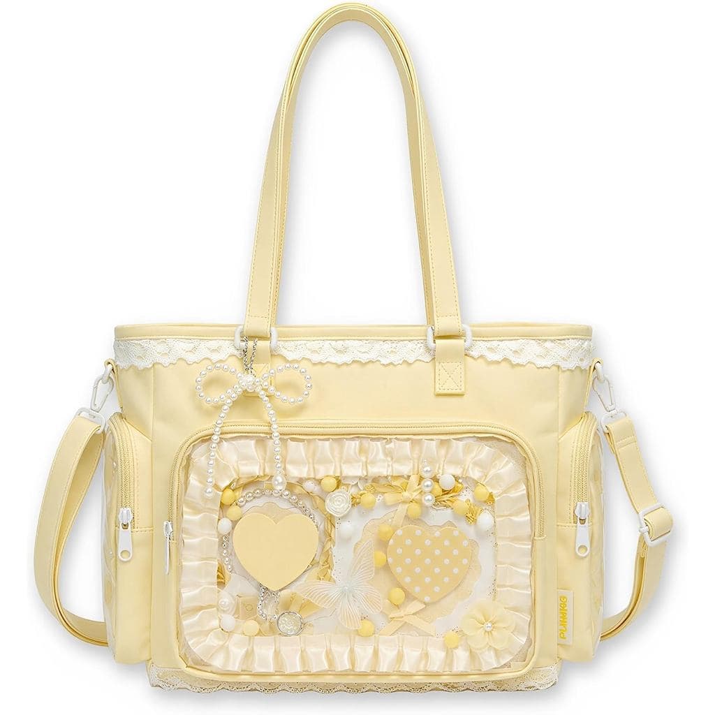 Bolsa Transversal Ita Amarela com Inserto, Bolsa Grande com Janela Transparente de Renda para Exibição de Pins, Bolsa It