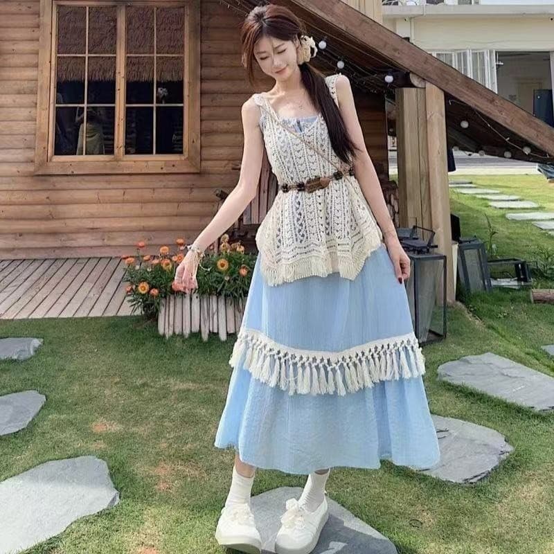 Moda estilo preguiçoso sem mangas oco colete Suspender saia terno de duas peças