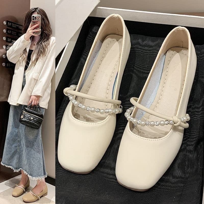 Francês Mary Jane sapatos femininos 2025 novo estilo moda pérola sola macia superfície macia sapatos planos leve antider
