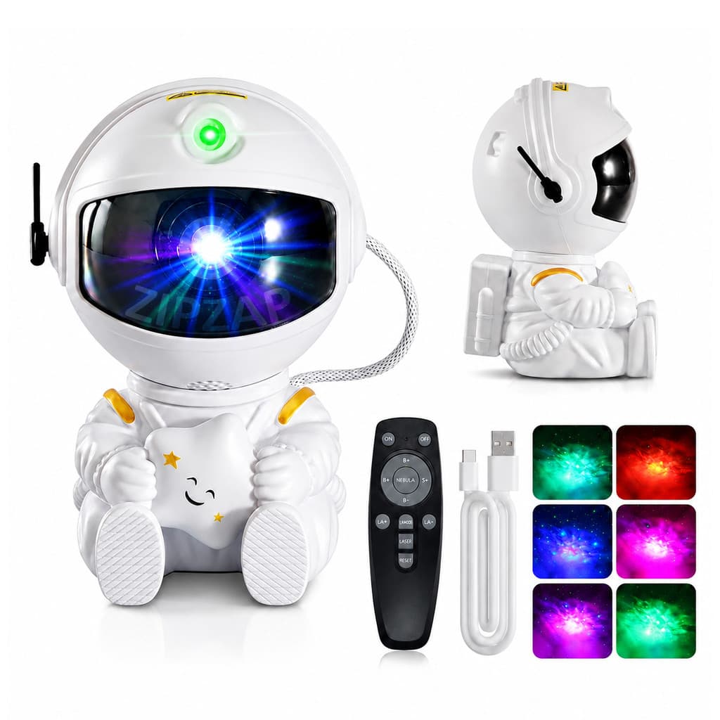 Projetor Galáxia Astronauta LED com Controle Remoto, Nebulosa e Estrelas, Cabeça 360° e Temporizador