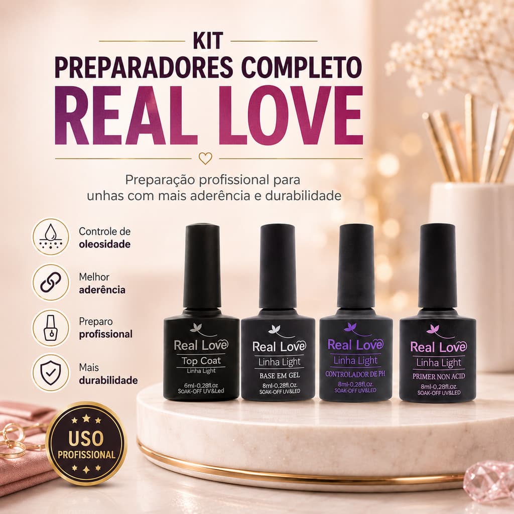 Kit Preparadores Real Love Linha Light 4 Itens Base em Gel Primer Non Acid Controlador de pH Top Coat