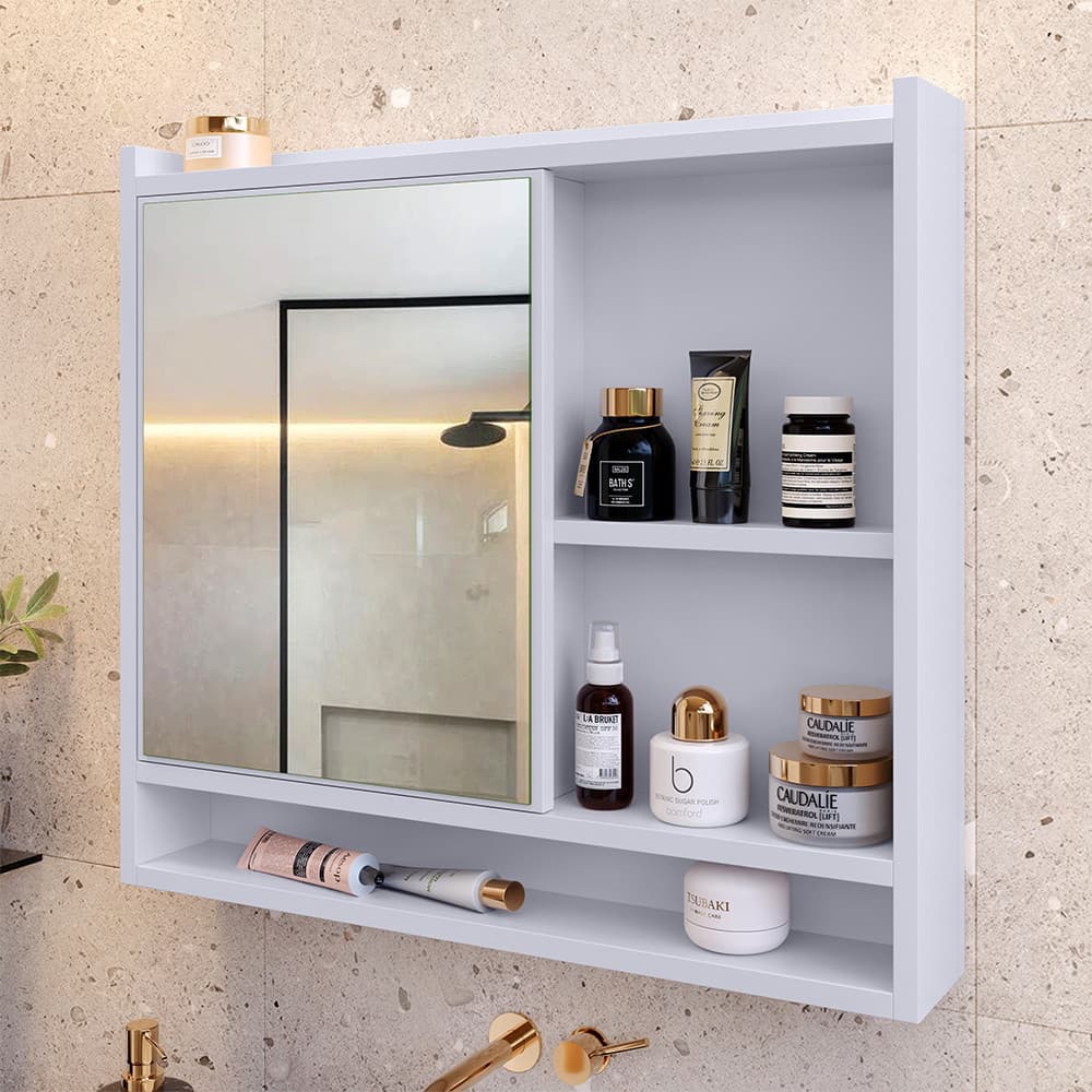 Armário Espelheira Aqua De Banheiro Aéreo com Porta, Nichos e Prateleira COMPACTO e Funcional p/ Parede