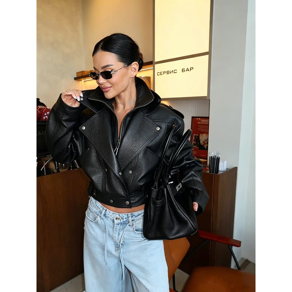 Mulheres Inverno Curto Lapela Jaqueta De Couro Do Plutônio Moto Biker Casaco Fino Ajuste Quente Outerwear Para Uso Diári