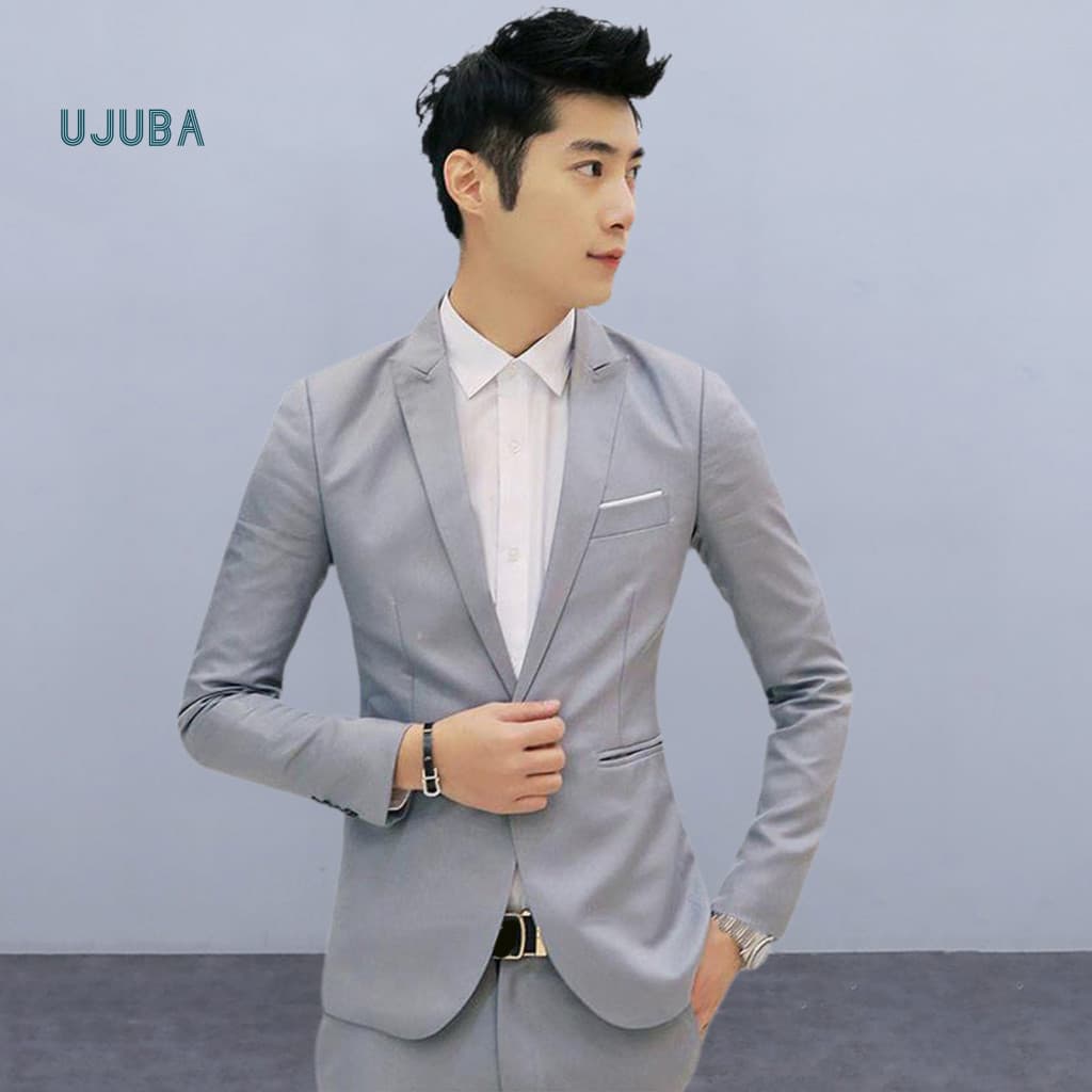 Breathable Polyester Suit for Men Street Style Blazer Men's Slim Fit Business Single Button Coat with Pockets – Solid