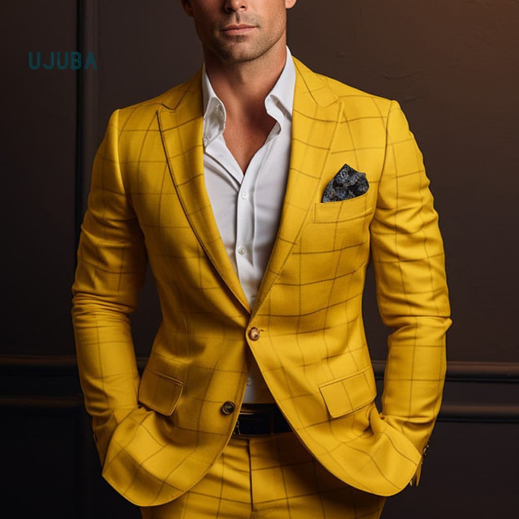 Men Workwear Coat Slim Fit Suit Jacket Men's Plaid Formal Business Blazer Single Button Closure Long Sleeve Mid-length O