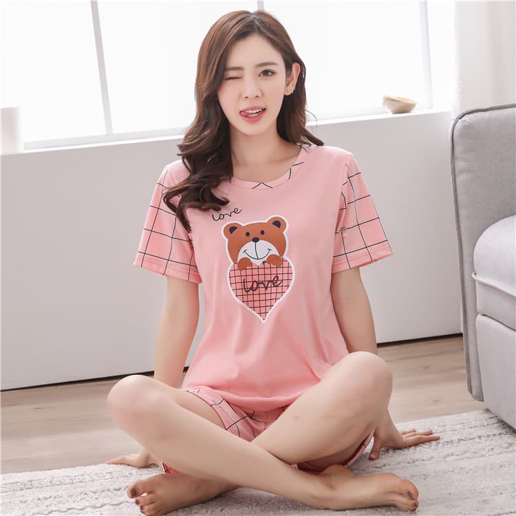 Pijamas de manga curta feminino Homewear terno versão coreana em torno do pescoço pijamas femininos leite