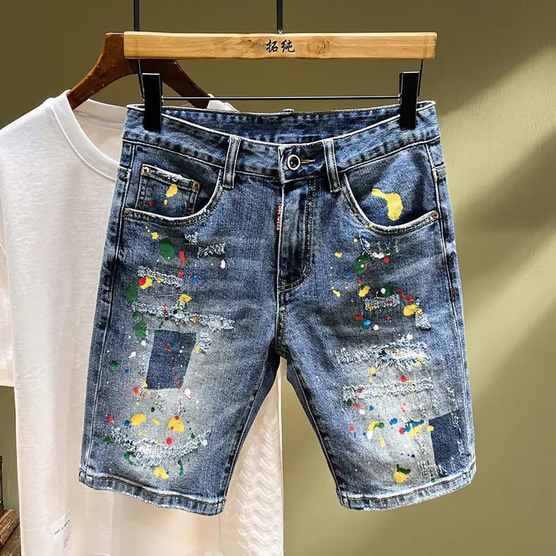 Verão novo estilo lavado rasgado pintura único cinco pontos masculino elástico nostálgico Denim calças médias na moda