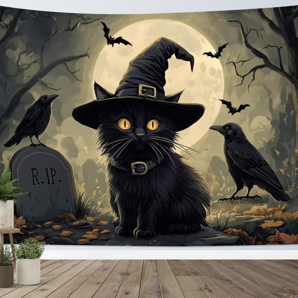 Tapeçaria Halloween gato feiticeiro chapéu mistério corvo tapeçaria sala de estar parede pendurado fundo decoração quart