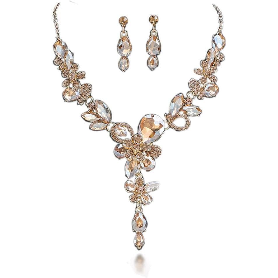 Colar de Noiva com Cristais de Strass, Colar em Forma de Gota Estilo Art Déco, Brincos Pendentes, Conjunto de Joias para