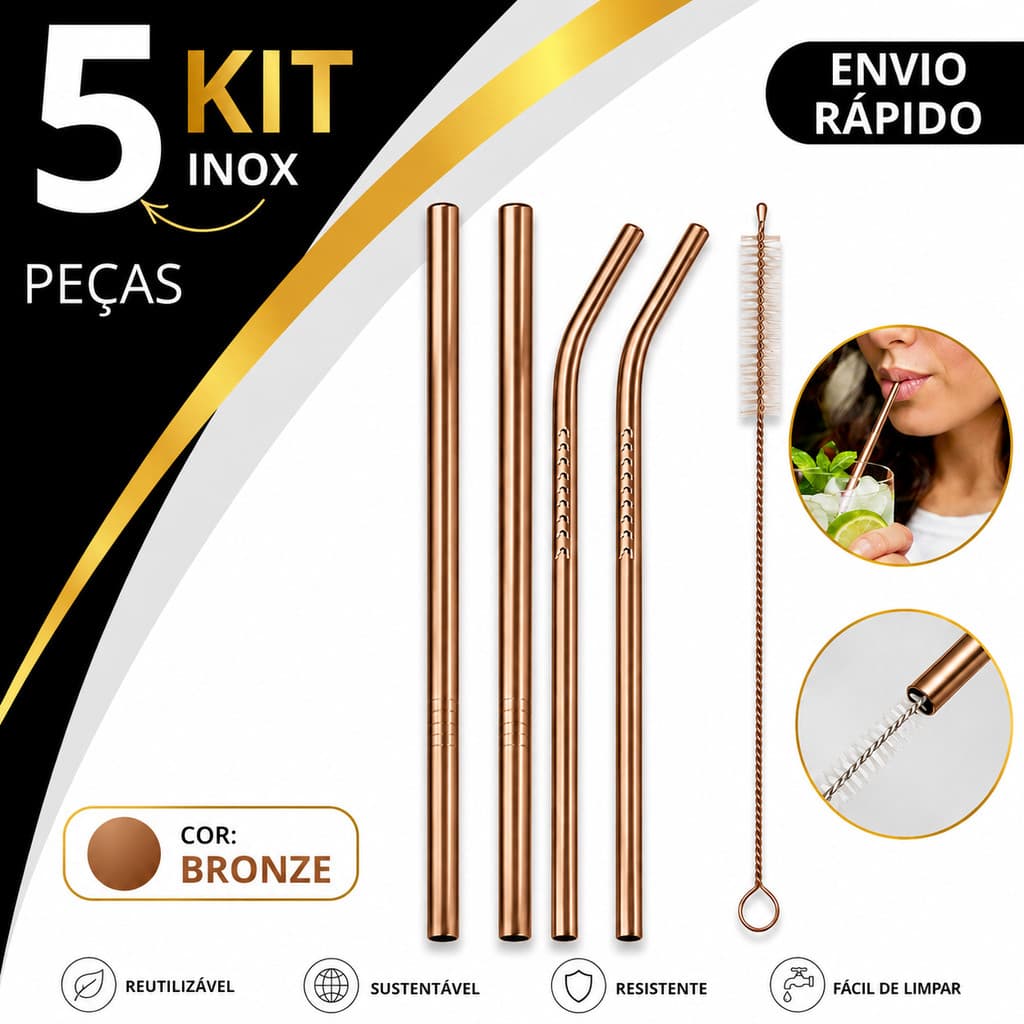 Kit 5 Peças Canudos Inox Bronze Reutilizáveis Curvo Reto Com Escova Limpeza Drinks Sucos