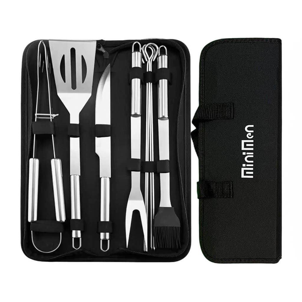 Kit Churrasco 9 Peças em Aço Inox com Faca Garfo Espátula Pegador Pincel 4 Espetos e Bolsa para Transporte e Organização