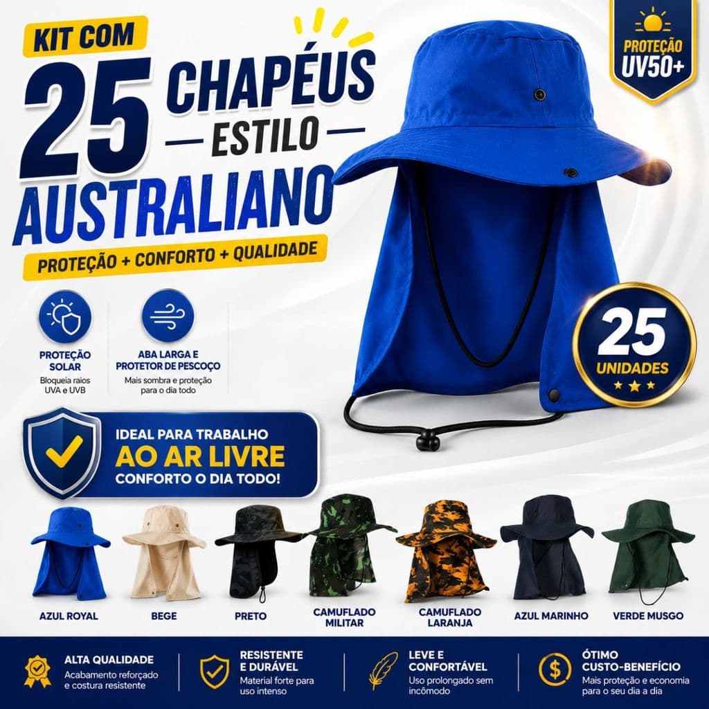 Kit 25 Chapéu Australiano com Aba Larga e Proteção Solar UV Para Atividades ao Ar Livre