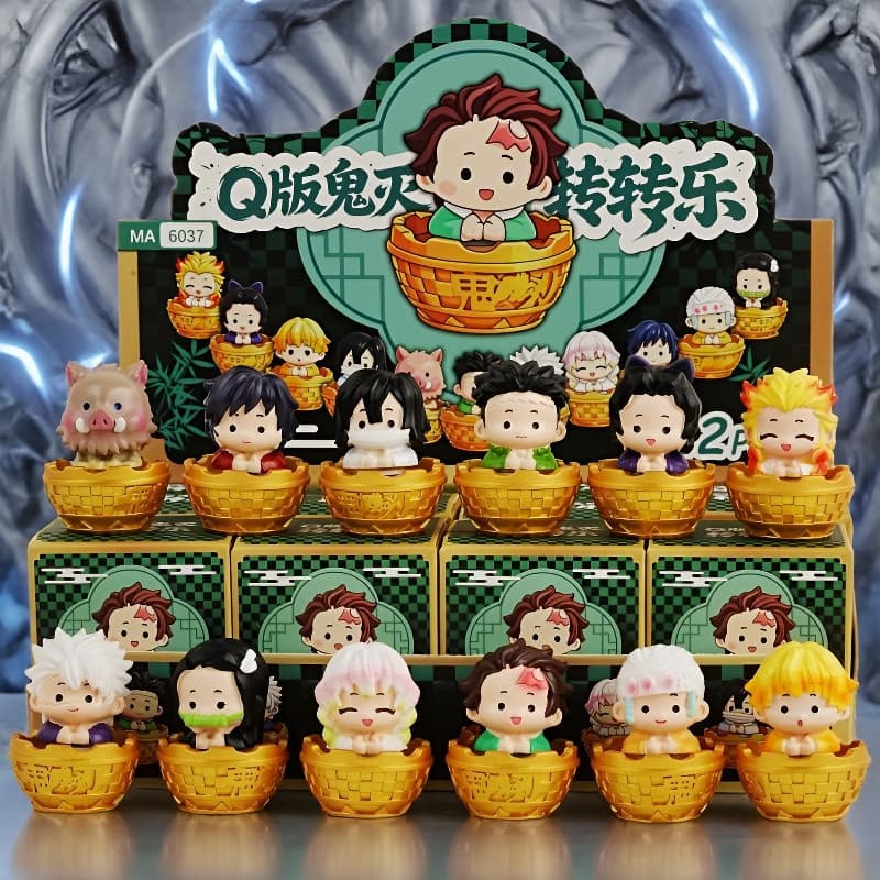 Q versão Demon Slayer lâmina Zhuanzhuanle caixa misteriosa Tanjirou Zenitsu Nezuko Giyuu boneca figura carro Desktop peq