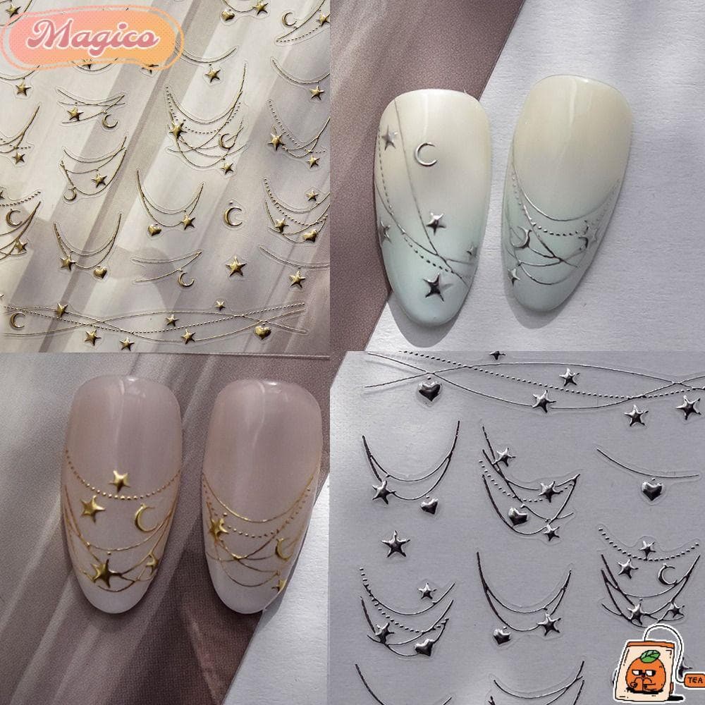 Decalques De Manicure MAGICO , Adesivos Autoadesivos Metálicos Dourados/Prateados Para Arte Em Unhas , Linhas Curvas Des