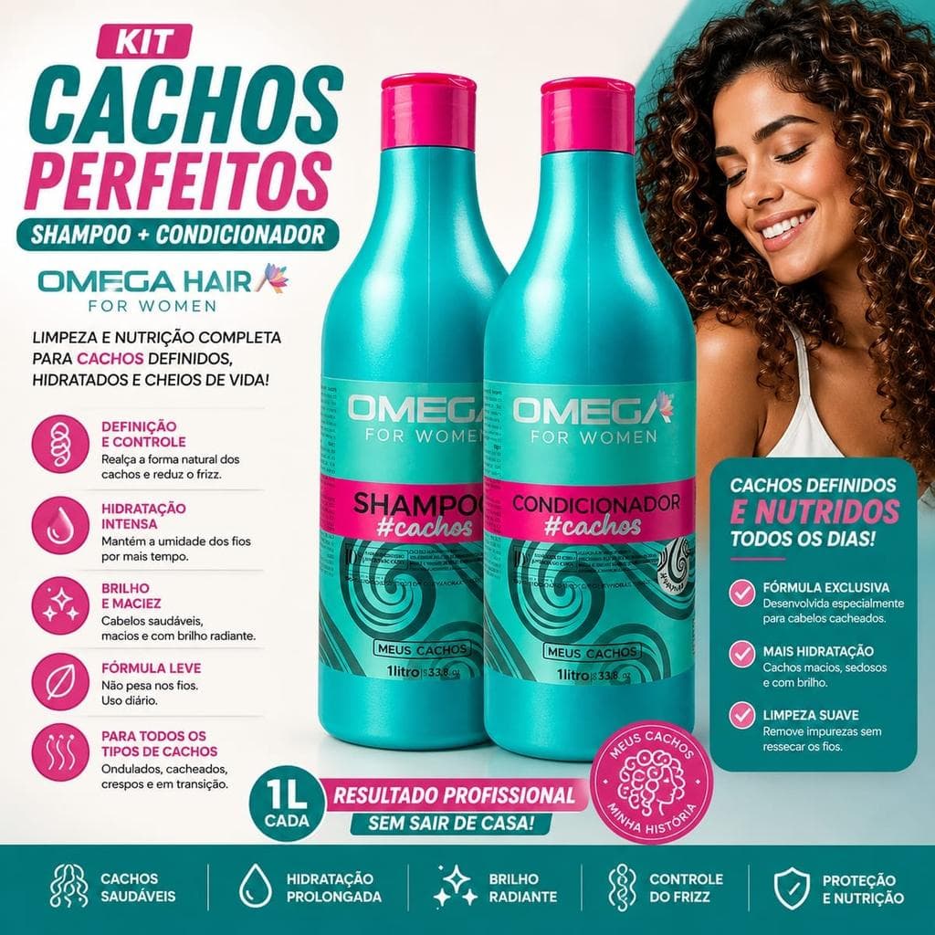 Kit Shampoo e Condicionador Omega Hair Cachos 1L Definição Hidratação