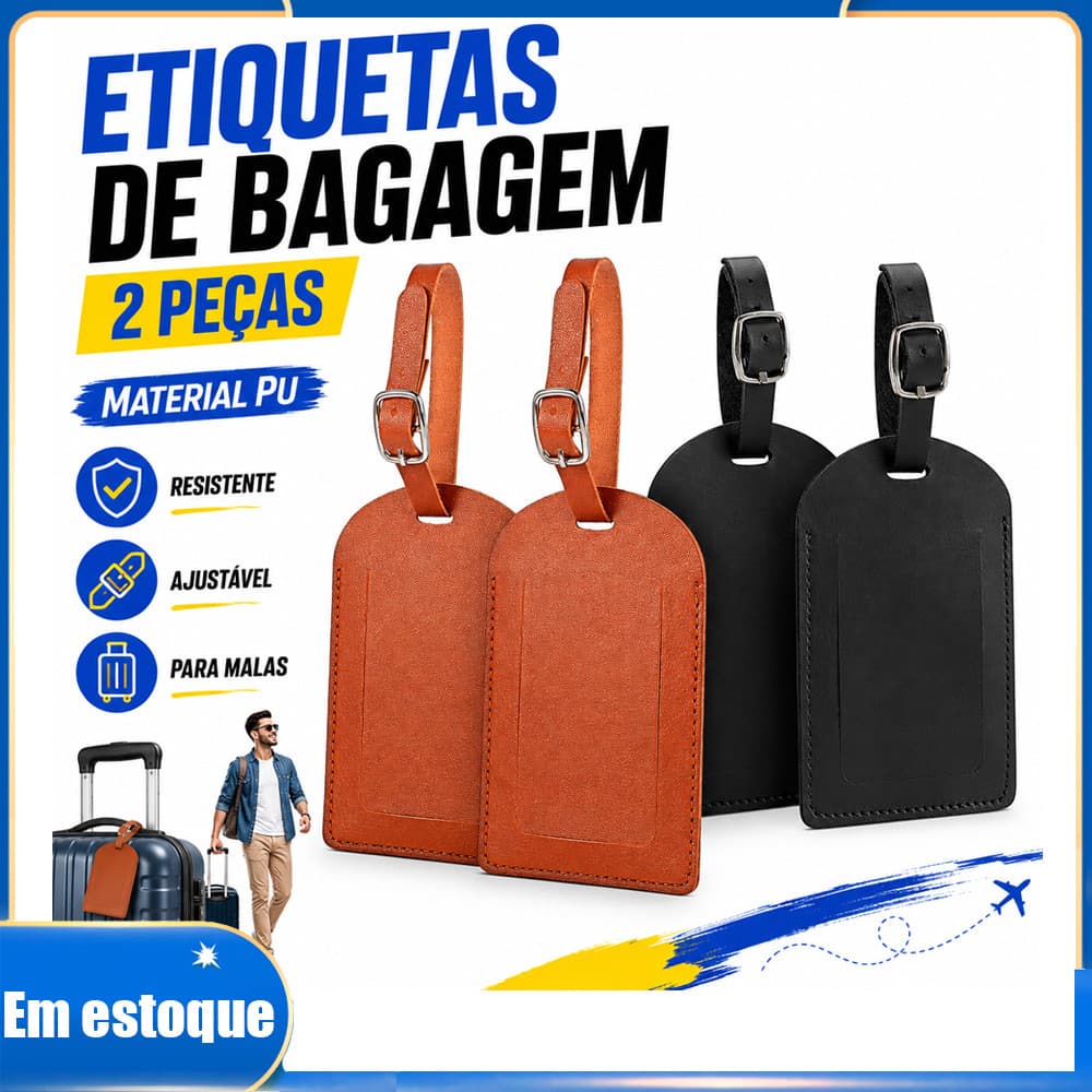 Tags de Mala 2 Peças Marrons para Viagem, Mochila e Pasta, Ajudam a Encontrar Bagagem e Facilitar Devolução Segura