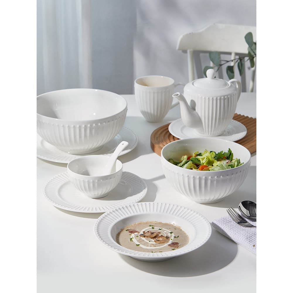 IMhouse conjunto de prato de cerâmica simples porcelana branca em relevo frisado Jade conjunto de talheres doméstico com