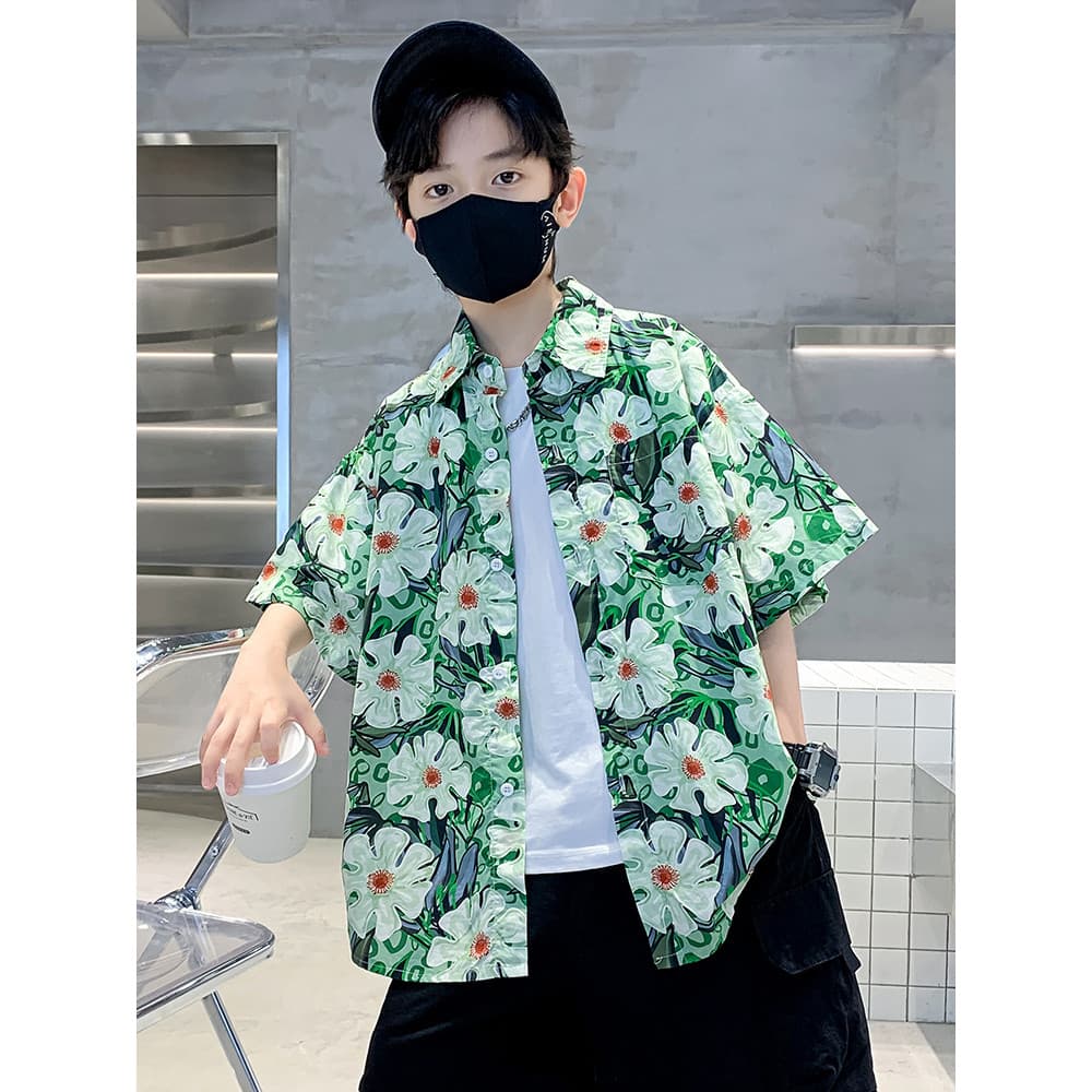 Meninos camisa Floral de manga curta verão camisa fina 2026 novo estilo na moda grandes crianças vestido de verão Puffer