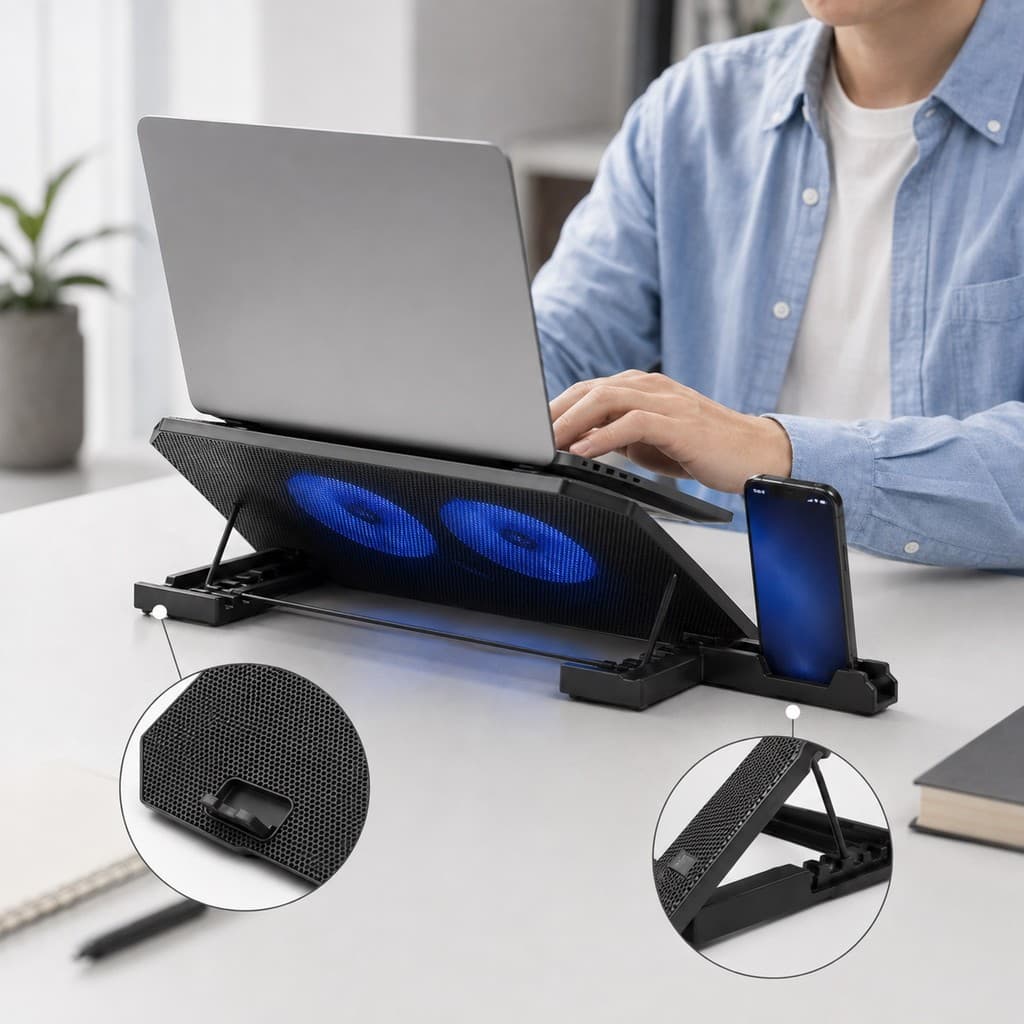Suporte Cooler para Notebook Gamer 2 Ventoinhas LED Azul Ajustável 2 USB Base Refrigerada Aitek DELTA-B1022M