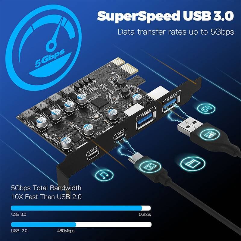 ADS PCI Express Card 2Port USBA/USBC 5Gbps USB3.2 Gen1 USB3.0 PCIE Expansion Adaptador De Cartão Adicional Para Windows/