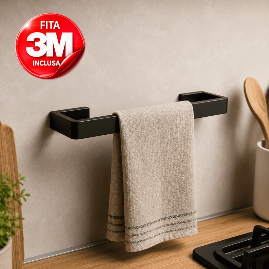 Porta Pano de Prato 25cm Adesivo Sem Furos Organizador de Cozinha Premium Preto Branco Fixação Forte