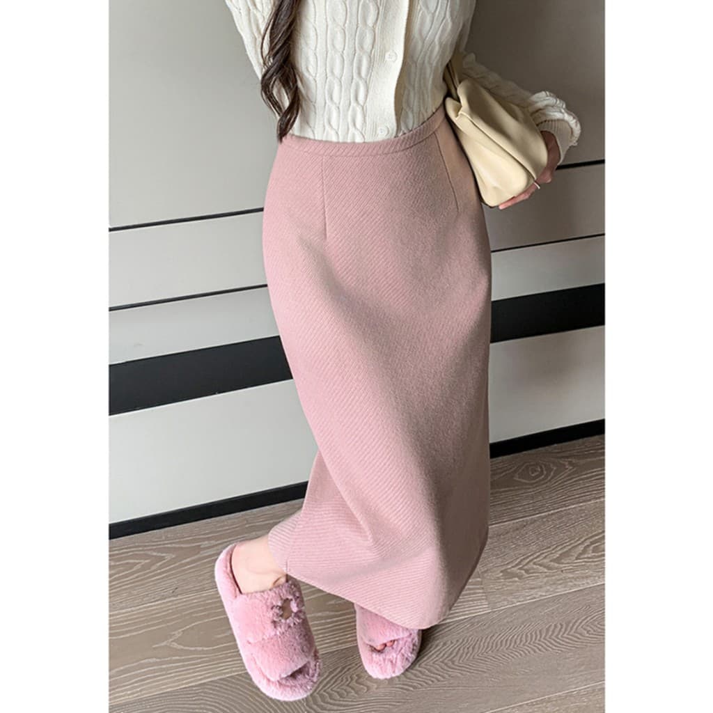 Saia de lã rosa feminina outono inverno estilo cintura alta mais magro olhar Split Hip saia forma pêra um passo saia de