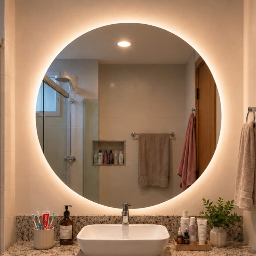 Espelho Redondo 60x60cm Lapidado com LED 3 Cores, Botão Touch, de Parede para Banheiro Luxo Decoração