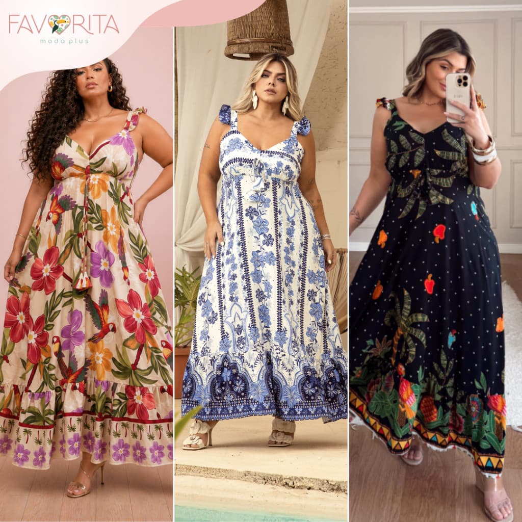Vestido Longuete Babado Estampa Tropical Plus Size Inspiração Tendência Verão Chique
