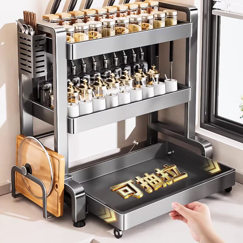 Popular suporte retrátil para temperos de cozinha, organizador multifuncional de bancada para armazenar frascos de tempe