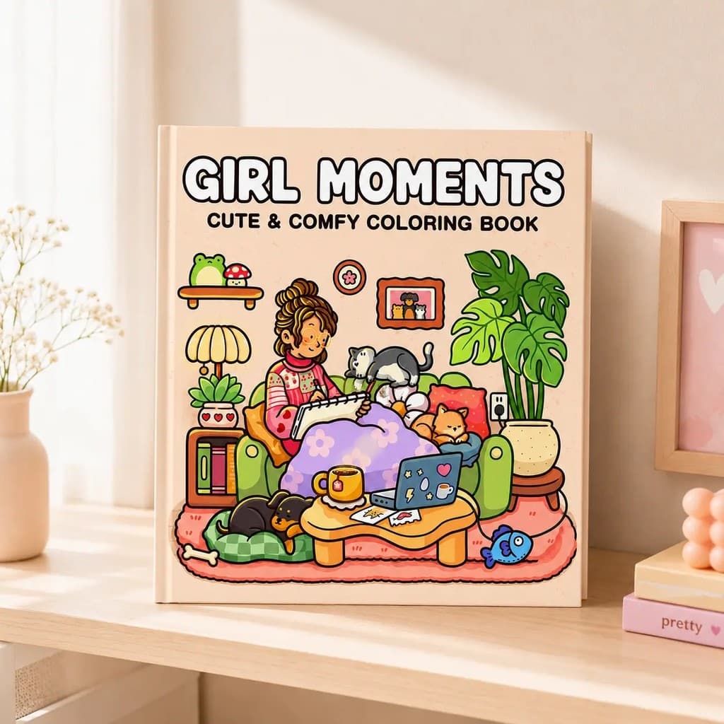 Livro De Colorir Cozy Spaces Girl Para Adultos-Linda Almofada De Terapia De Arte Kawaii , Alívio Do Estresse Anti-Ansied