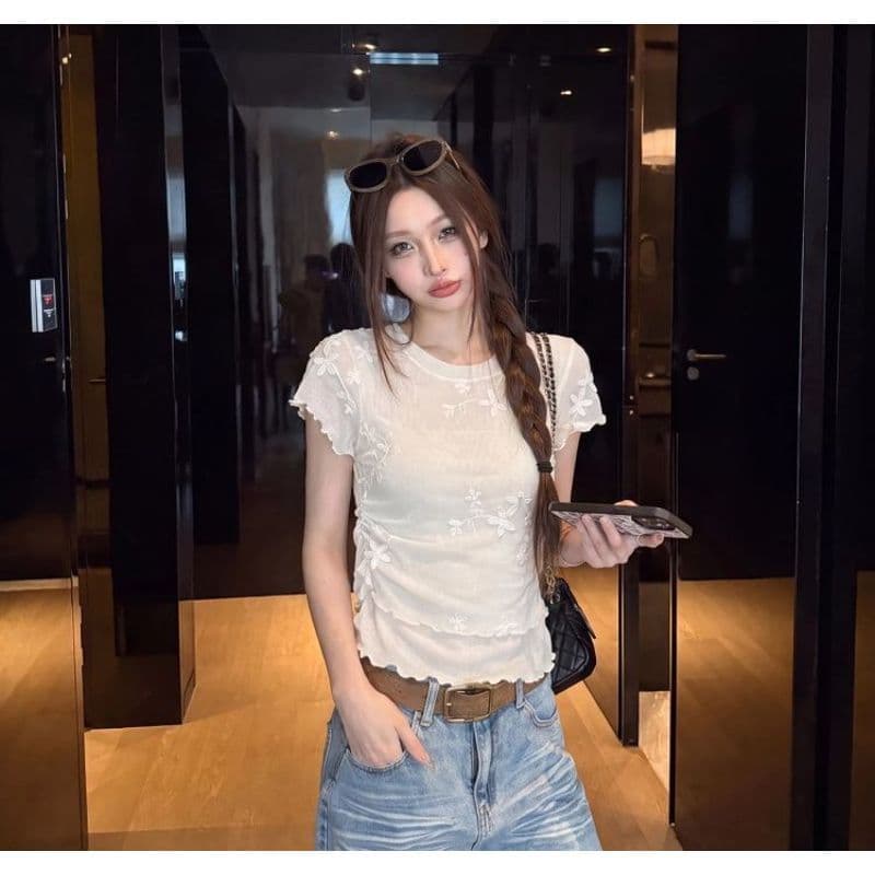 [Promoção por tempo limitado] Pure Desire Style Genuine Ombro Camiseta de manga curta feminina verão tule fungo renda cu