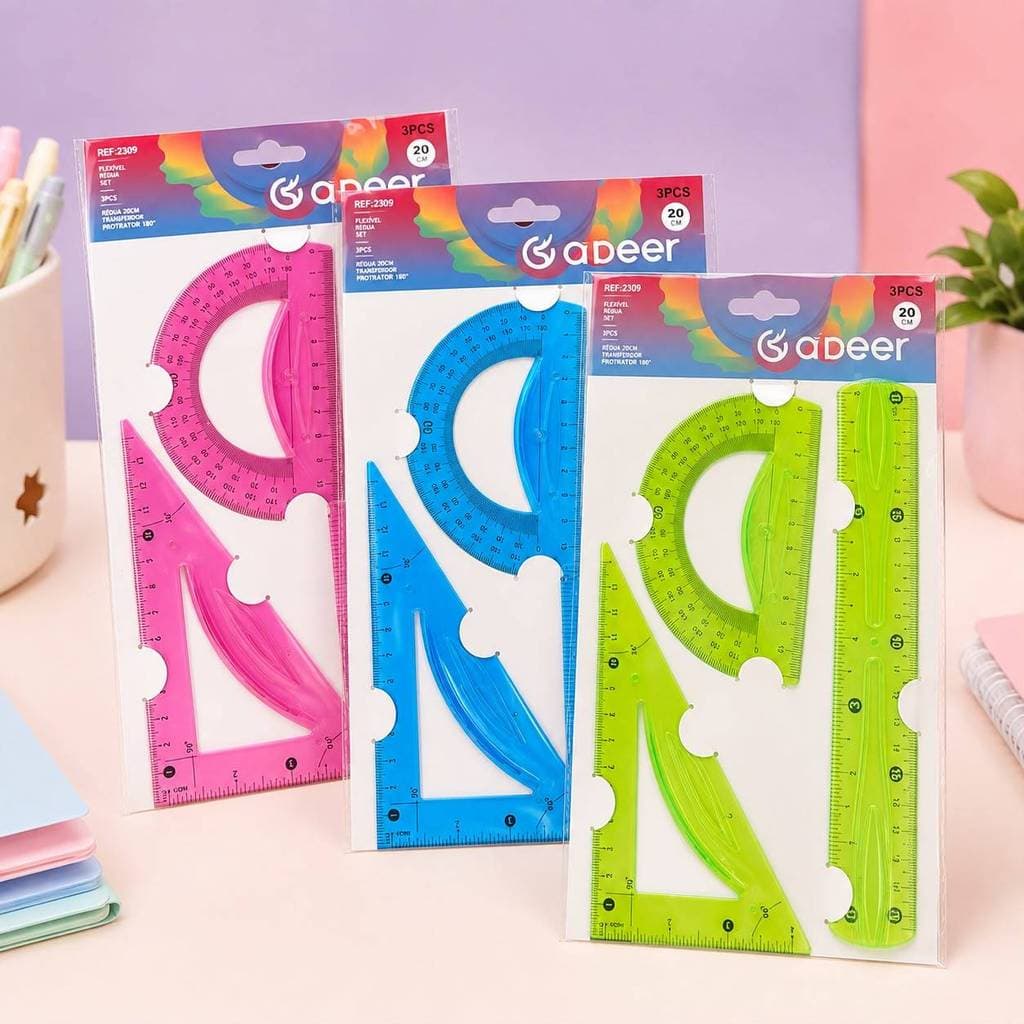 Kit Escolar Régua Clorida 20cm Flexível com 3 Peças | Esquadro e Transferidor Colorido