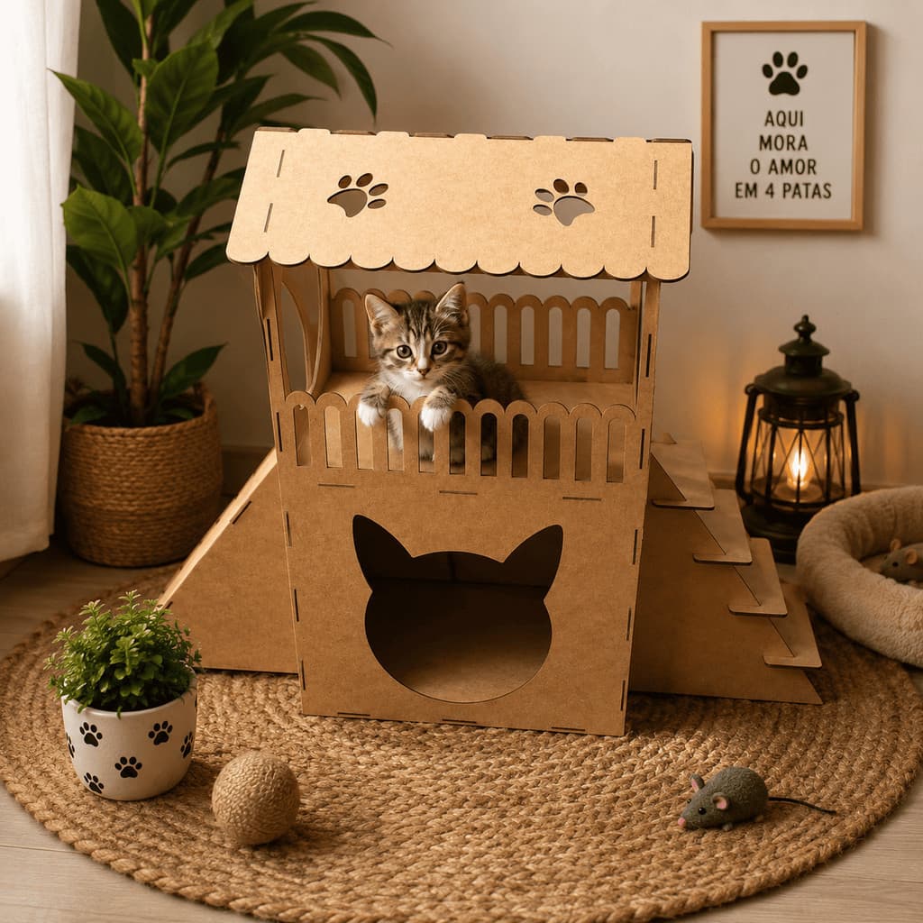 Casinha para Gatos 2 Andares MDF com Arranhador e Rampa Carpete– Toca Playground Antiestresse
