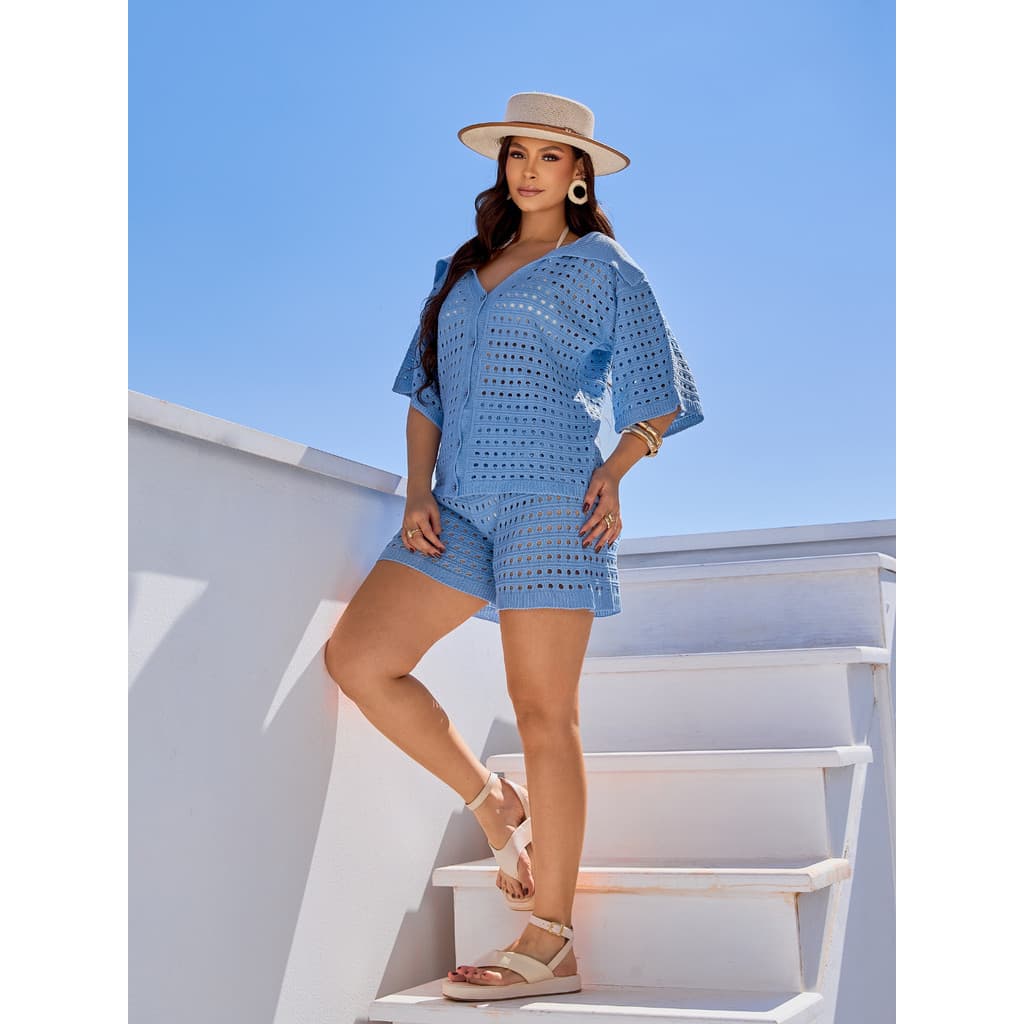 Conjunto Saída De Praia Tricot Kimono Com Botões E Short