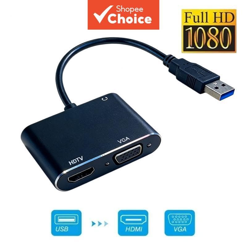 Cabo Adaptador 3 em 1 USB para HDMI/VGA 1080P Conversor de Múltiplas Telas